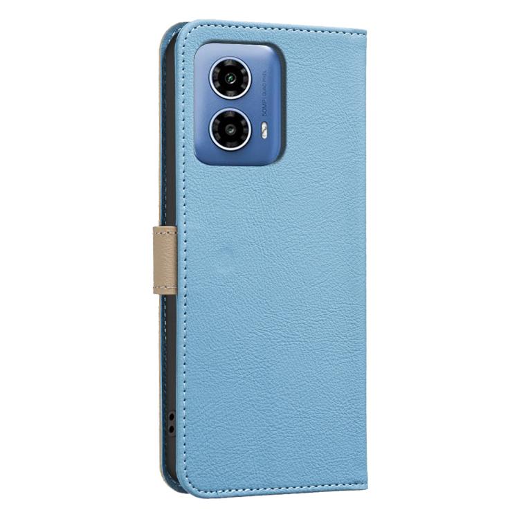 For Motorola Moto G34 Splicing Color Hollow Flower Pattern RFID Leather Phone Case