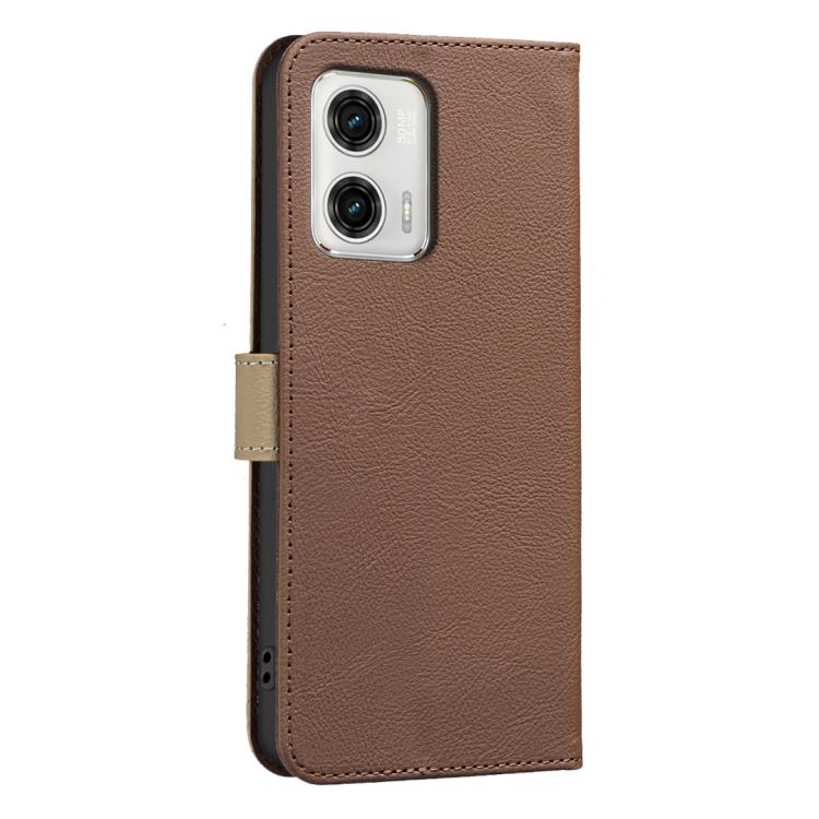 For Motorola Moto G73 Splicing Color Hollow Flower Pattern RFID Leather Phone Case