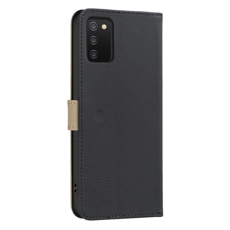 For Samsung Galaxy A02S / A03S Splicing Color Hollow Flower Pattern RFID Leather Phone Case