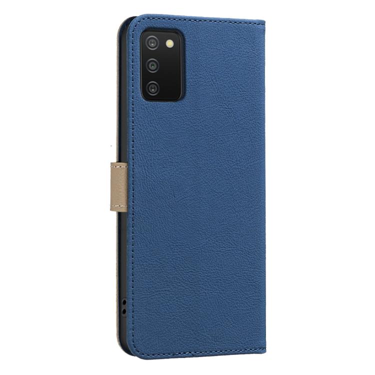 For Samsung Galaxy A02S / A03S Splicing Color Hollow Flower Pattern RFID Leather Phone Case