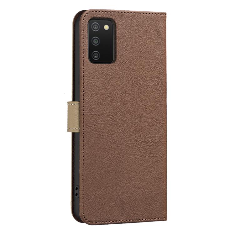 For Samsung Galaxy A02S / A03S Splicing Color Hollow Flower Pattern RFID Leather Phone Case
