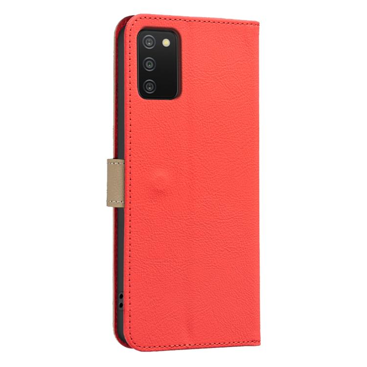For Samsung Galaxy A02S / A03S Splicing Color Hollow Flower Pattern RFID Leather Phone Case