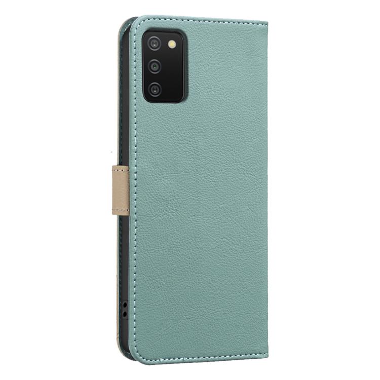 For Samsung Galaxy A02S / A03S Splicing Color Hollow Flower Pattern RFID Leather Phone Case
