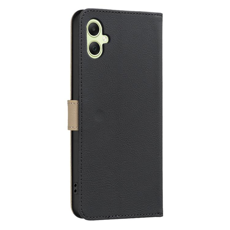 For Samsung Galaxy A05 Splicing Color Hollow Flower Pattern RFID Leather Phone Case
