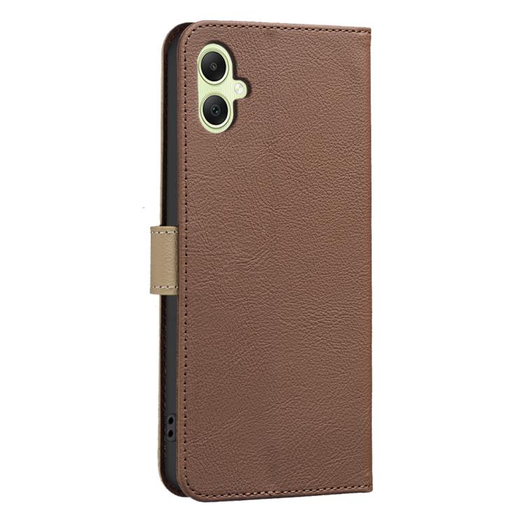 For Samsung Galaxy A05 Splicing Color Hollow Flower Pattern RFID Leather Phone Case