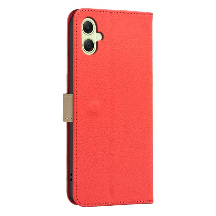 For Samsung Galaxy A05 Splicing Color Hollow Flower Pattern RFID Leather Phone Case