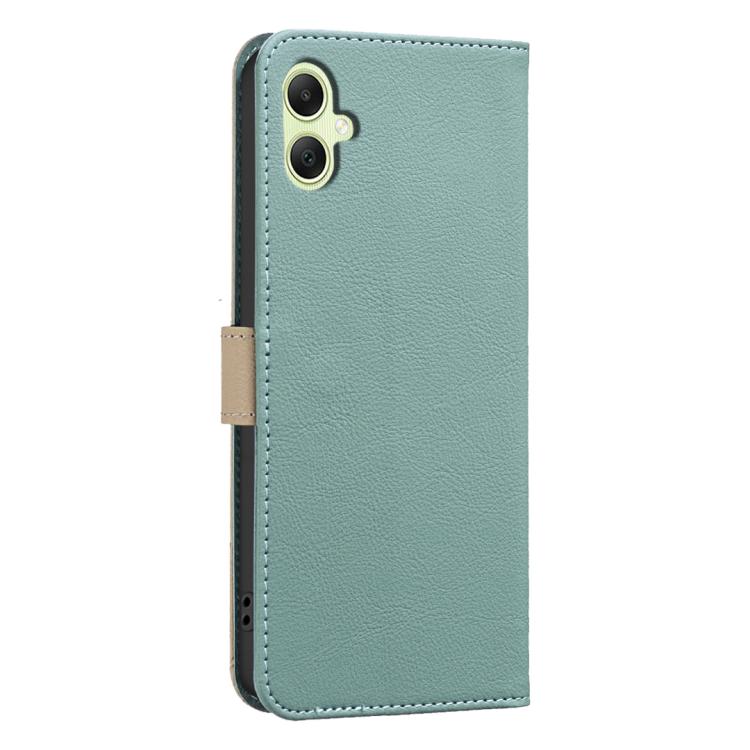 For Samsung Galaxy A05 Splicing Color Hollow Flower Pattern RFID Leather Phone Case