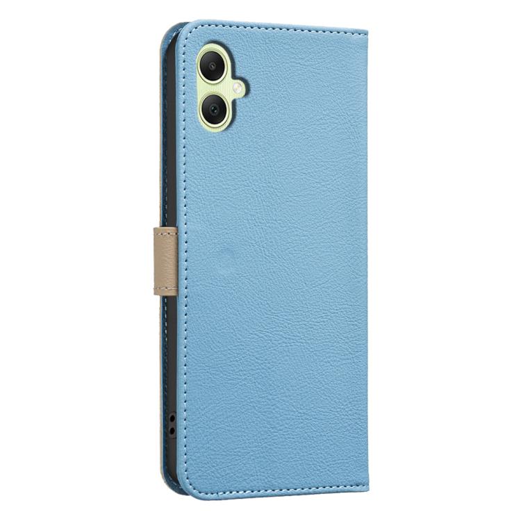For Samsung Galaxy A05 Splicing Color Hollow Flower Pattern RFID Leather Phone Case