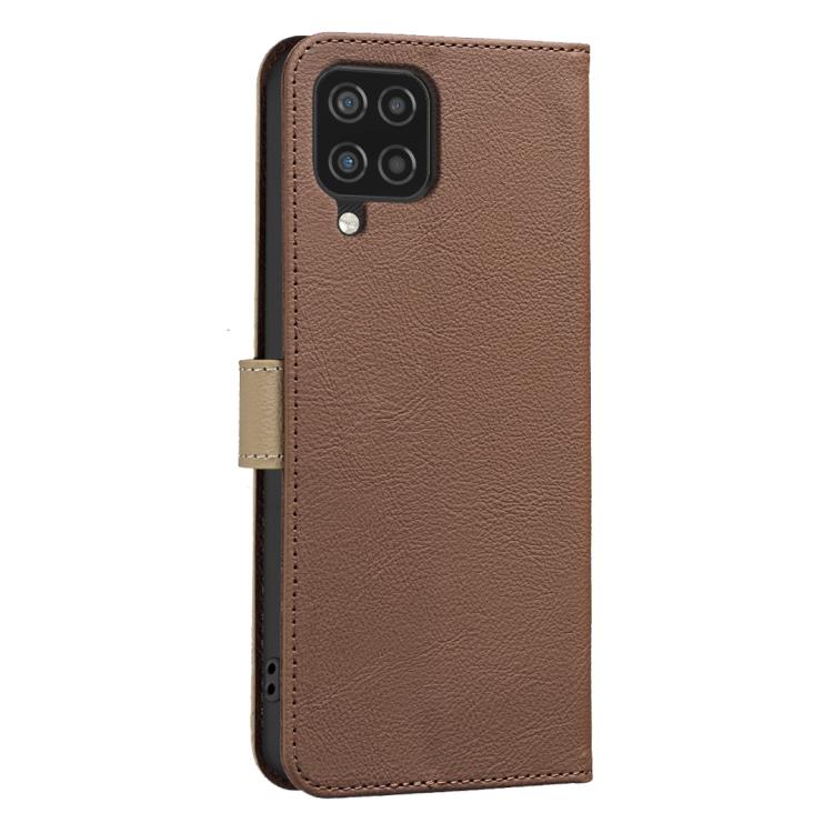 For Samsung Galaxy A12 Splicing Color Hollow Flower Pattern RFID Leather Phone Case