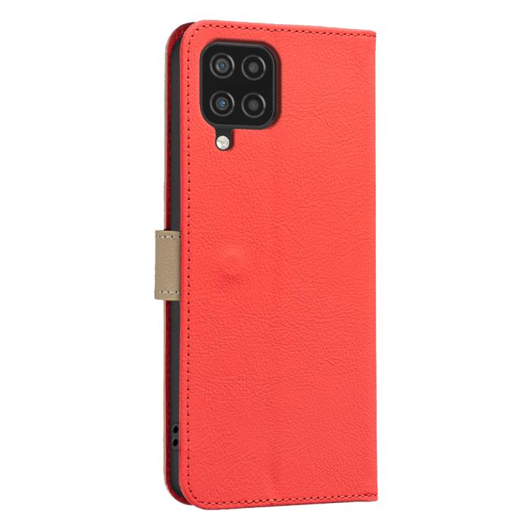 For Samsung Galaxy A12 Splicing Color Hollow Flower Pattern RFID Leather Phone Case