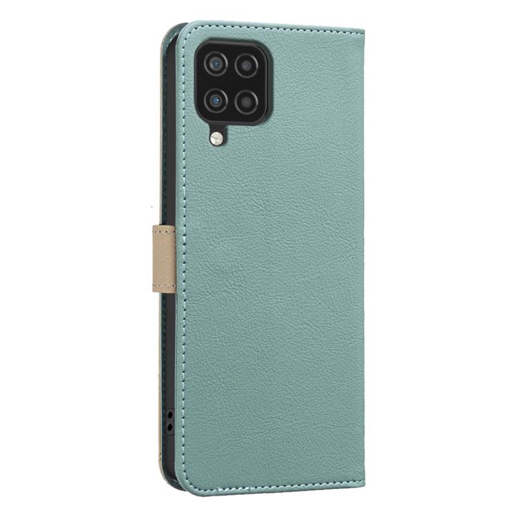 For Samsung Galaxy A12 Splicing Color Hollow Flower Pattern RFID Leather Phone Case