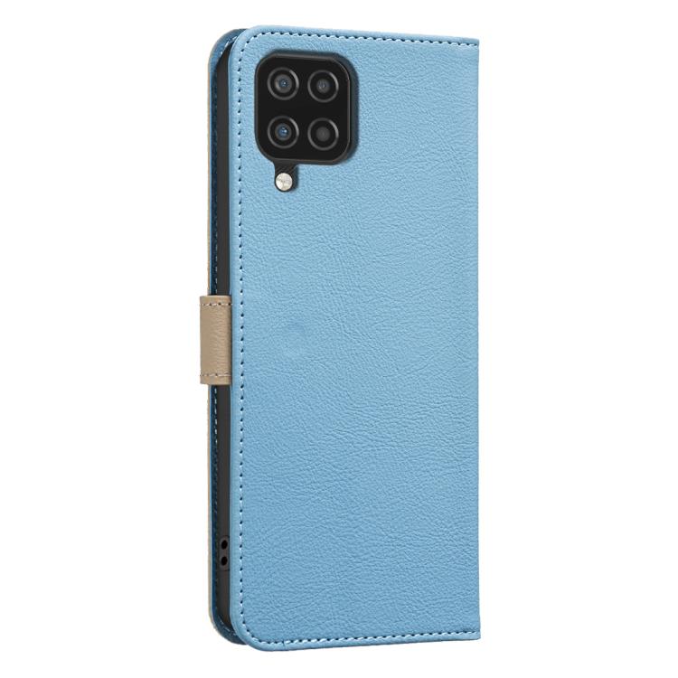 For Samsung Galaxy A12 Splicing Color Hollow Flower Pattern RFID Leather Phone Case