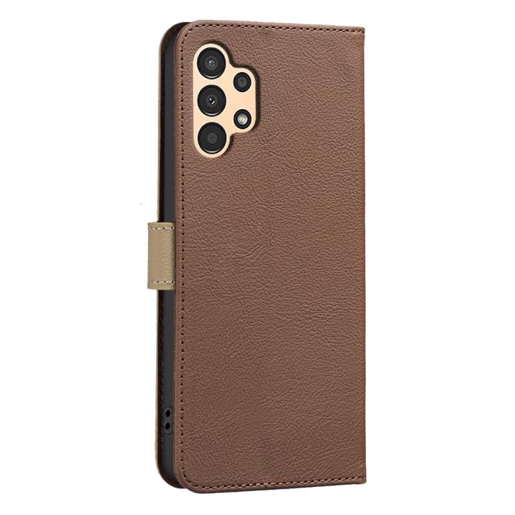 For Samsung Galaxy A13 Splicing Color Hollow Flower Pattern RFID Leather Phone Case