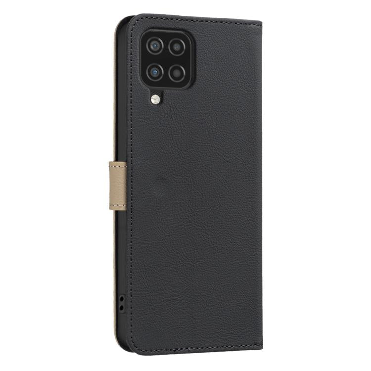 For Samsung Galaxy A22 4G Splicing Color Hollow Flower Pattern RFID Leather Phone Case