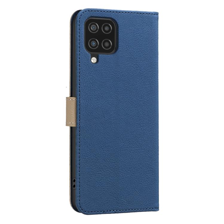 For Samsung Galaxy A22 4G Splicing Color Hollow Flower Pattern RFID Leather Phone Case