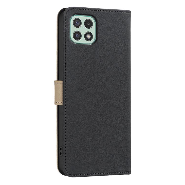 For Samsung Galaxy A22 5G Splicing Color Hollow Flower Pattern RFID Leather Phone Case