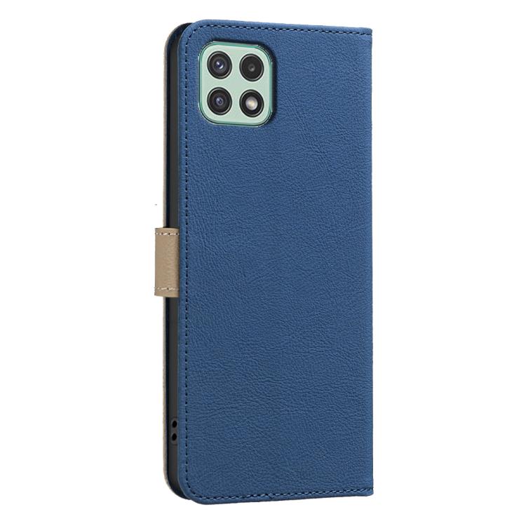 For Samsung Galaxy A22 5G Splicing Color Hollow Flower Pattern RFID Leather Phone Case