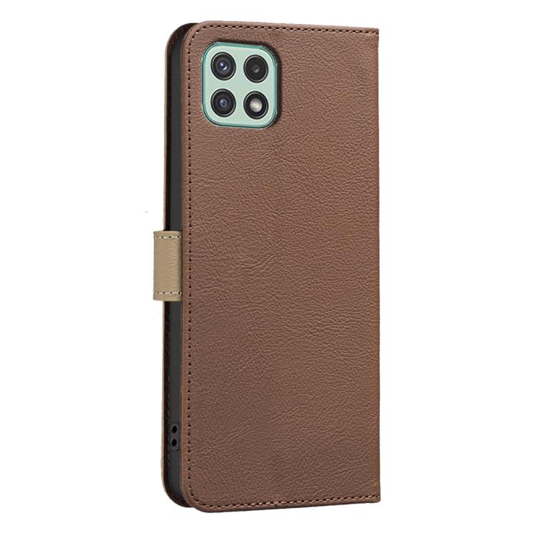For Samsung Galaxy A22 5G Splicing Color Hollow Flower Pattern RFID Leather Phone Case