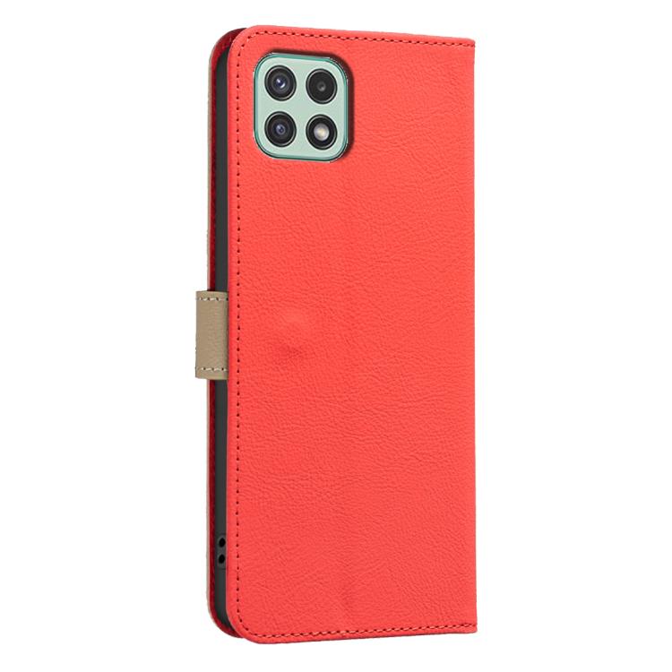 For Samsung Galaxy A22 5G Splicing Color Hollow Flower Pattern RFID Leather Phone Case