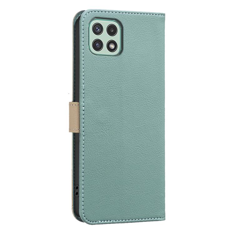 For Samsung Galaxy A22 5G Splicing Color Hollow Flower Pattern RFID Leather Phone Case