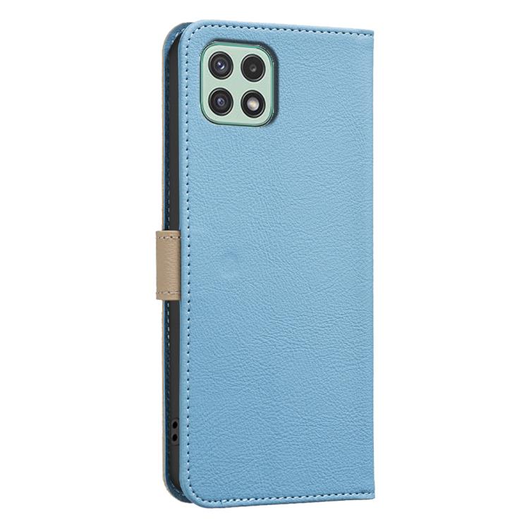For Samsung Galaxy A22 5G Splicing Color Hollow Flower Pattern RFID Leather Phone Case