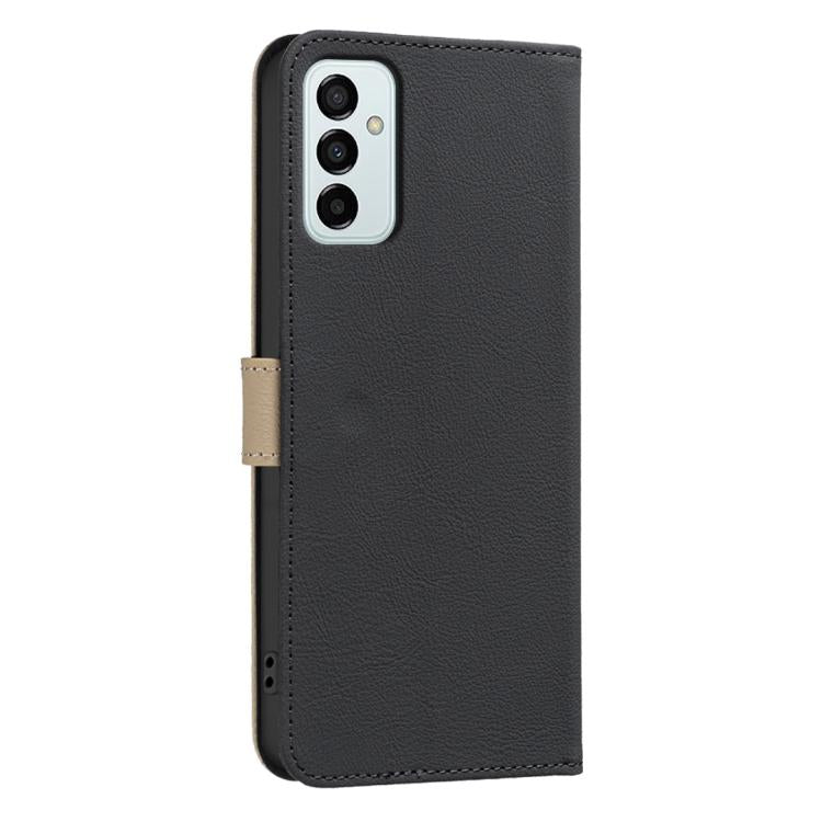 For Samsung Galaxy A23 / M23 / M13 4G Splicing Color Hollow Flower Pattern RFID Leather Phone Case