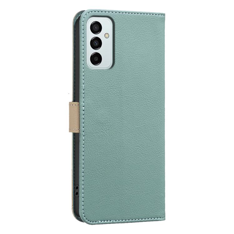 For Samsung Galaxy A23 / M23 / M13 4G Splicing Color Hollow Flower Pattern RFID Leather Phone Case