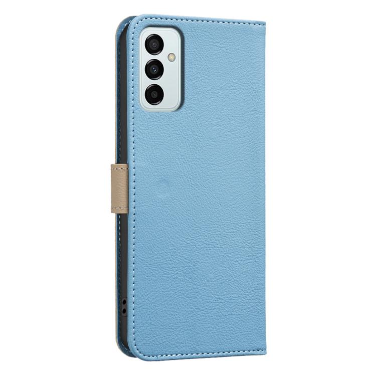 For Samsung Galaxy A23 / M23 / M13 4G Splicing Color Hollow Flower Pattern RFID Leather Phone Case