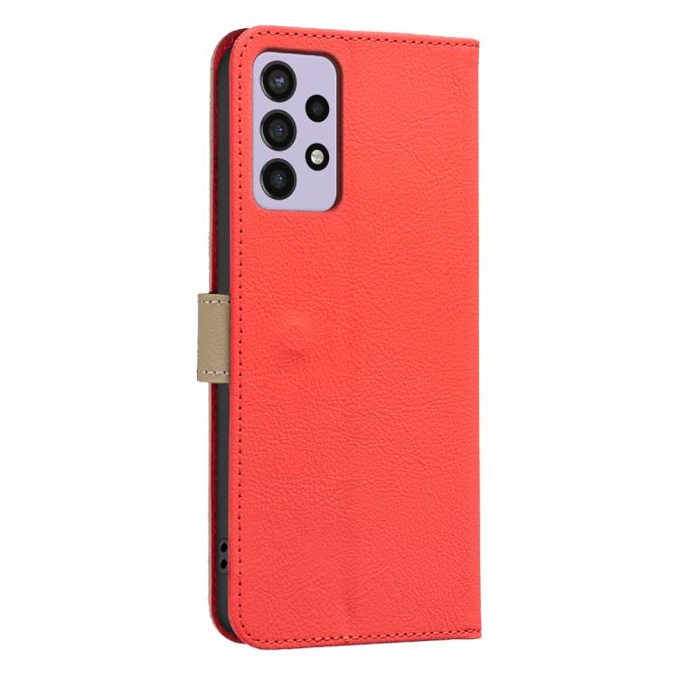 For Samsung Galaxy A32 4G Splicing Color Hollow Flower Pattern RFID Leather Phone Case