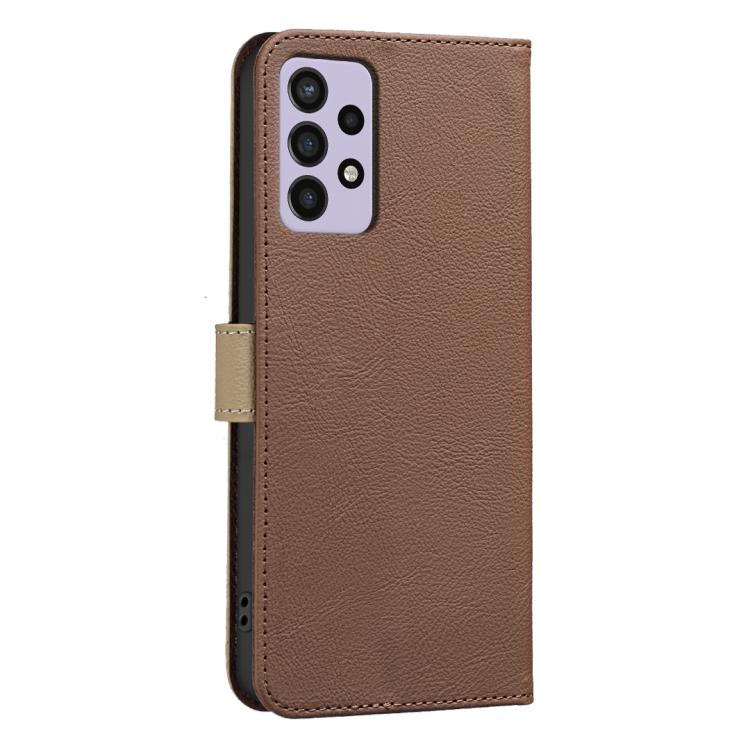 For Samsung Galaxy A72 Splicing Color Hollow Flower Pattern RFID Leather Phone Case