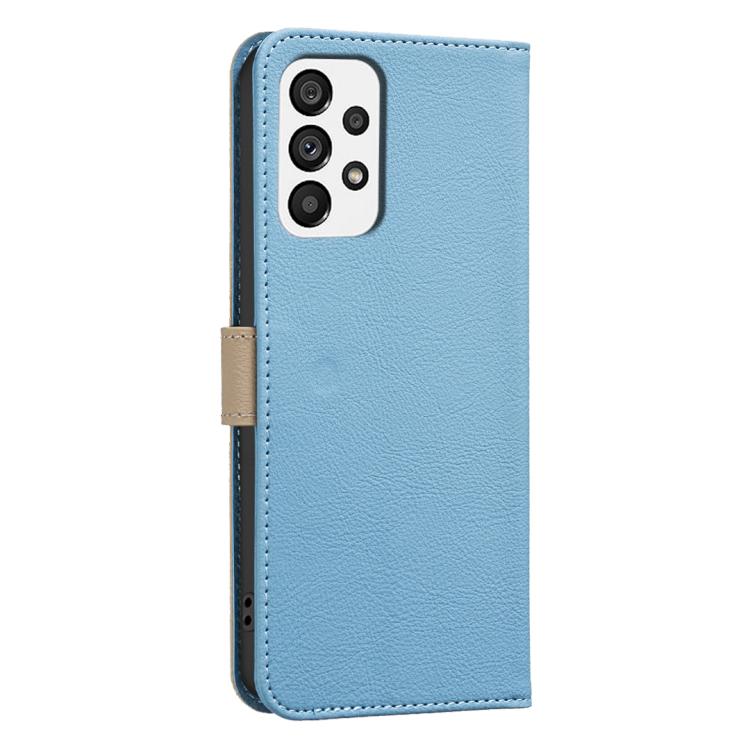 For Samsung Galaxy A73 Splicing Color Hollow Flower Pattern RFID Leather Phone Case