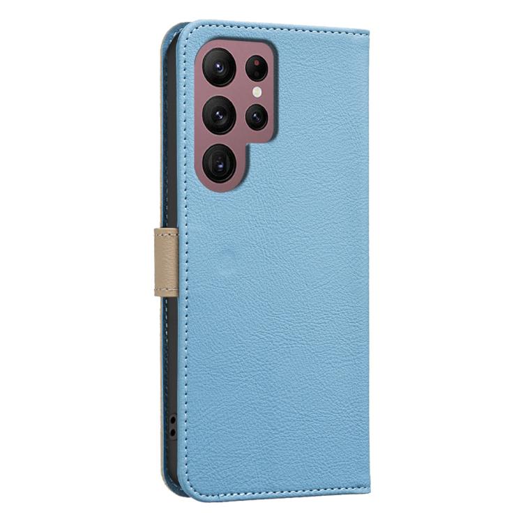For Samsung Galaxy S21 Ultra 5G Splicing Color Hollow Flower Pattern RFID Leather Phone Case