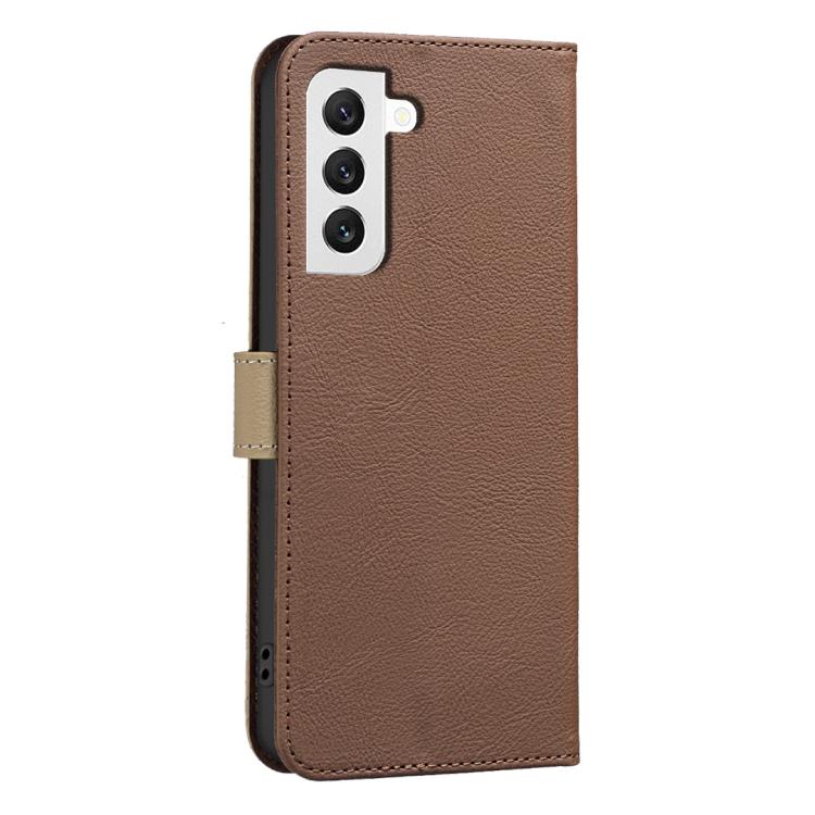 For Samsung Galaxy S22+ 5G Splicing Color Hollow Flower Pattern RFID Leather Phone Case
