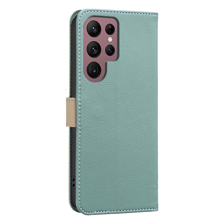 For Samsung Galaxy S22 Ultra 5G Splicing Color Hollow Flower Pattern RFID Leather Phone Case