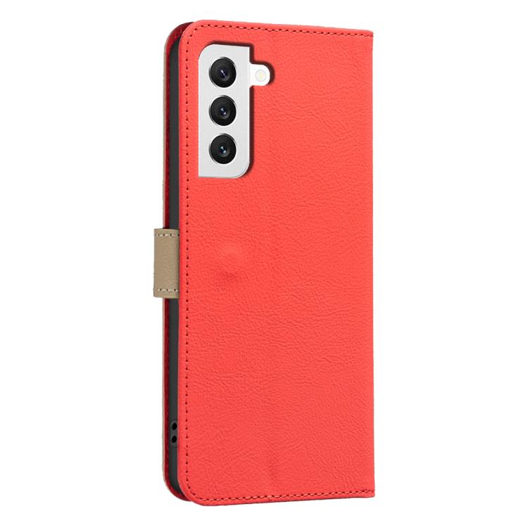For Samsung Galaxy S22 5G Splicing Color Hollow Flower Pattern RFID Leather Phone Case
