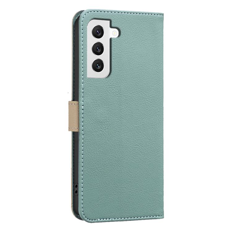 For Samsung Galaxy S22 5G Splicing Color Hollow Flower Pattern RFID Leather Phone Case
