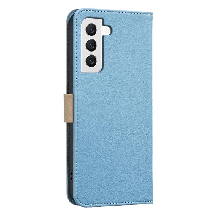 For Samsung Galaxy S22 5G Splicing Color Hollow Flower Pattern RFID Leather Phone Case