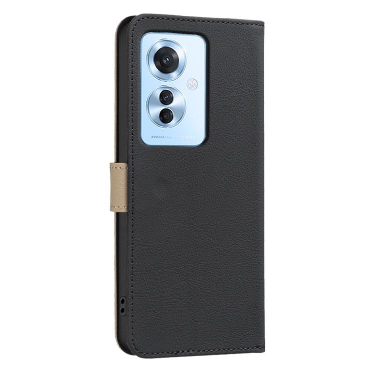 For OPPO Reno11 F Splicing Color Hollow Flower Pattern RFID Leather Phone Case