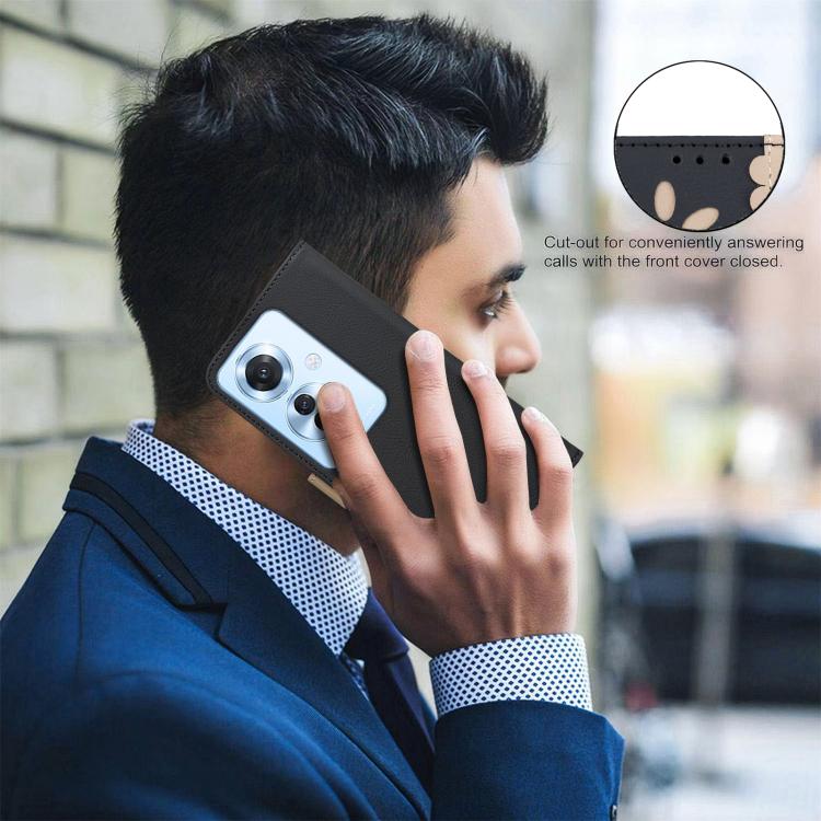 For OPPO Reno11 F Splicing Color Hollow Flower Pattern RFID Leather Phone Case