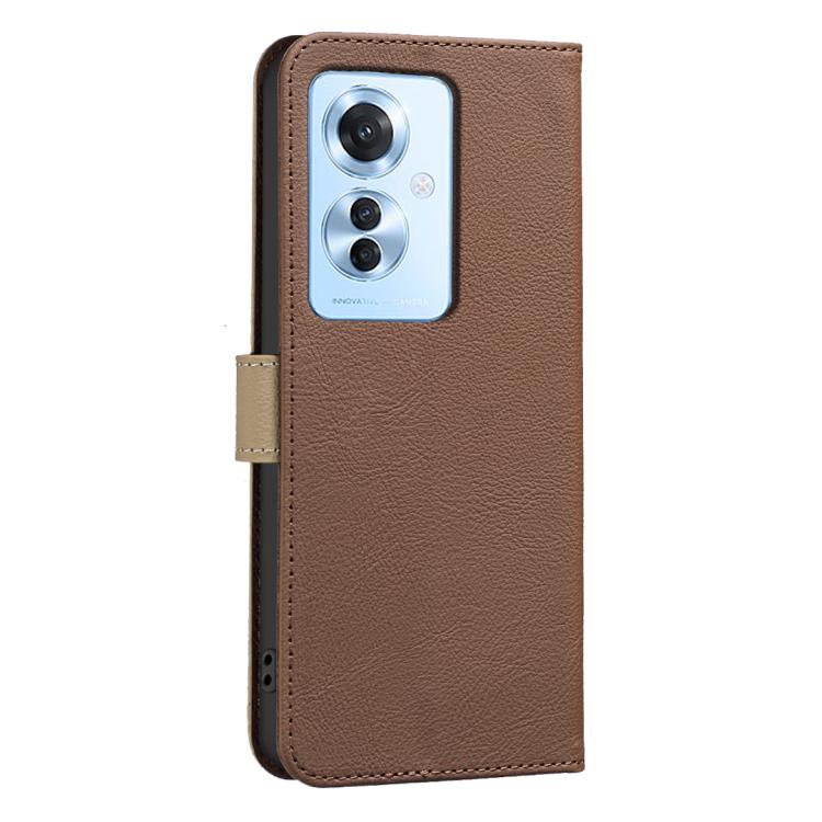 For OPPO Reno11 F Splicing Color Hollow Flower Pattern RFID Leather Phone Case