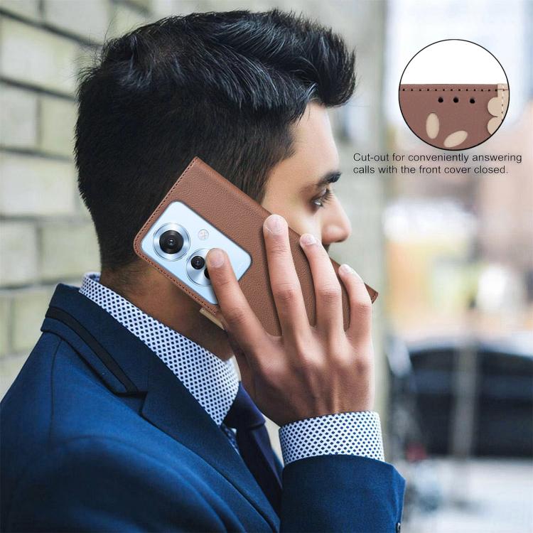 For OPPO Reno11 F Splicing Color Hollow Flower Pattern RFID Leather Phone Case