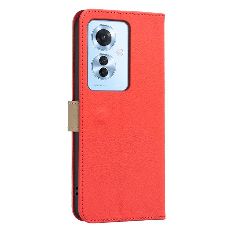 For OPPO Reno11 F Splicing Color Hollow Flower Pattern RFID Leather Phone Case