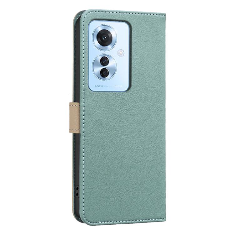 For OPPO Reno11 F Splicing Color Hollow Flower Pattern RFID Leather Phone Case