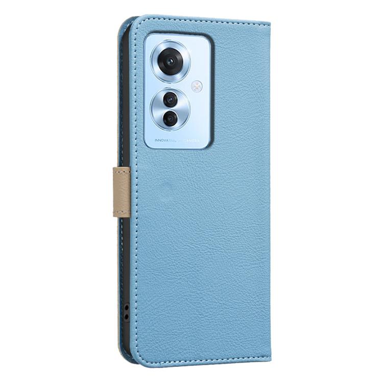 For OPPO Reno11 F Splicing Color Hollow Flower Pattern RFID Leather Phone Case