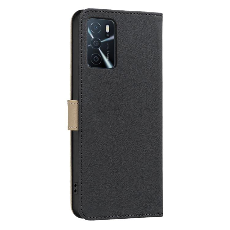 For OPPO A16 / A16S / A54S / A55 5G Splicing Color Hollow Flower Pattern RFID Leather Phone Case
