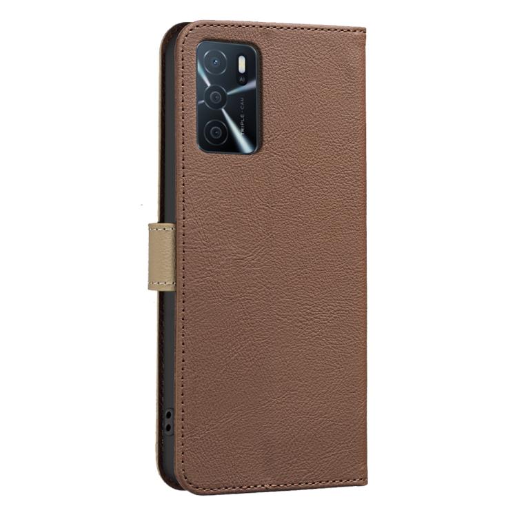 For OPPO A16 / A16S / A54S / A55 5G Splicing Color Hollow Flower Pattern RFID Leather Phone Case