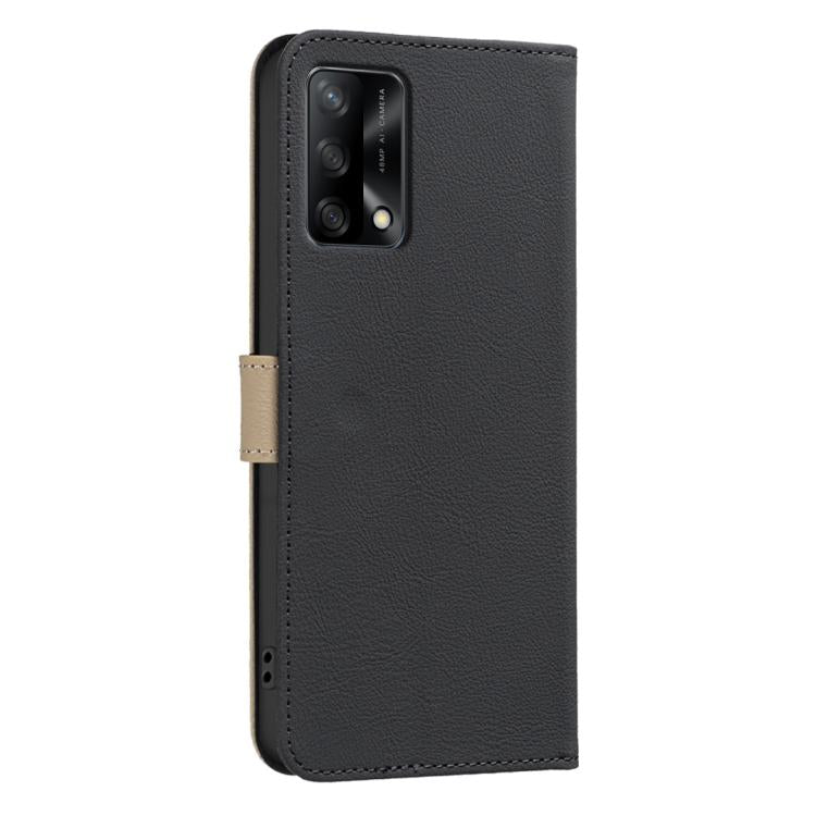 For OPPO A74 4G / F19 4G Splicing Color Hollow Flower Pattern RFID Leather Phone Case