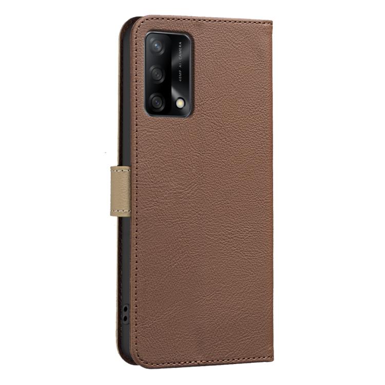 For OPPO A74 4G / F19 4G Splicing Color Hollow Flower Pattern RFID Leather Phone Case