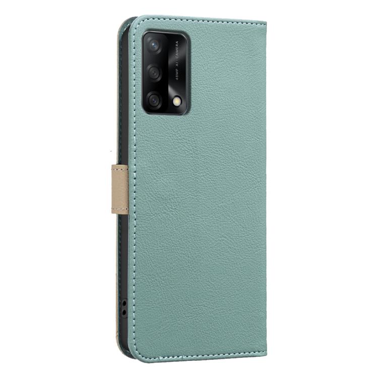 For OPPO A74 4G / F19 4G Splicing Color Hollow Flower Pattern RFID Leather Phone Case