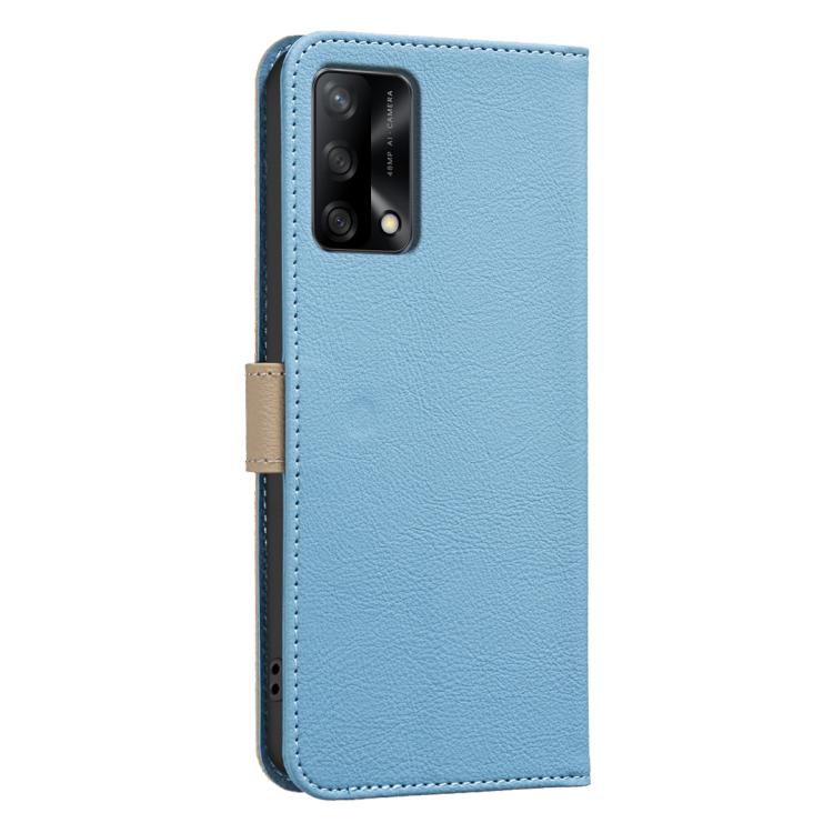 For OPPO A74 4G / F19 4G Splicing Color Hollow Flower Pattern RFID Leather Phone Case